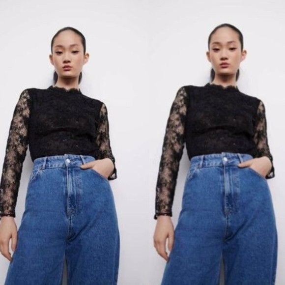 ZARA Mesh Embroidered Sequin Lace Top Black Size Medium - Picture 2 of 10